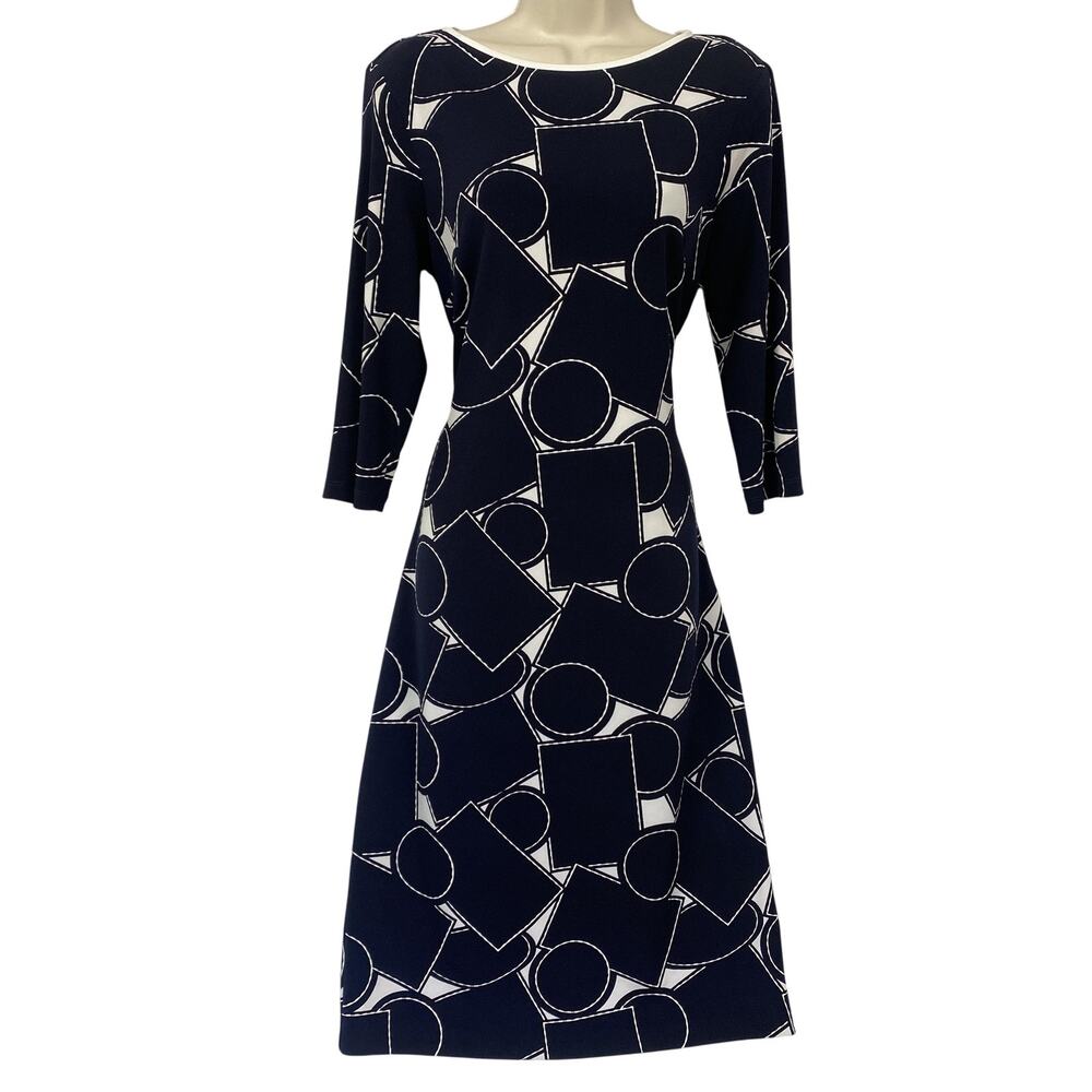 Joseph Ribkoff Sheath Dress Size 10 Midnight Blue Geometric Tie Back 3/4 Sleeve